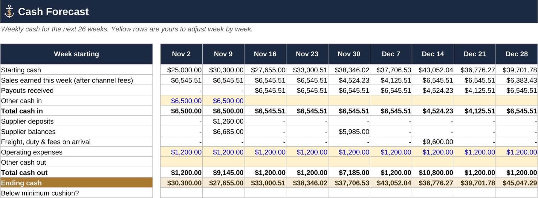 26-week cash forecast with payouts, supplier payments, freight, duty, and expenses